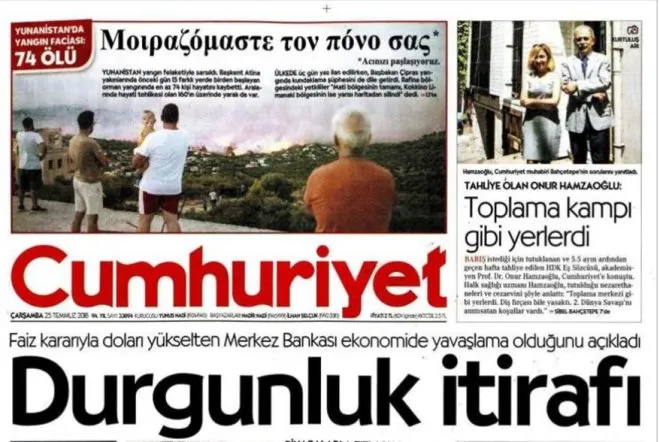 Μήνυμα προς τους 'Ελληνες στο πρωτοσέλιδο της τουρκικής εφημερίδας Cumhuriyet